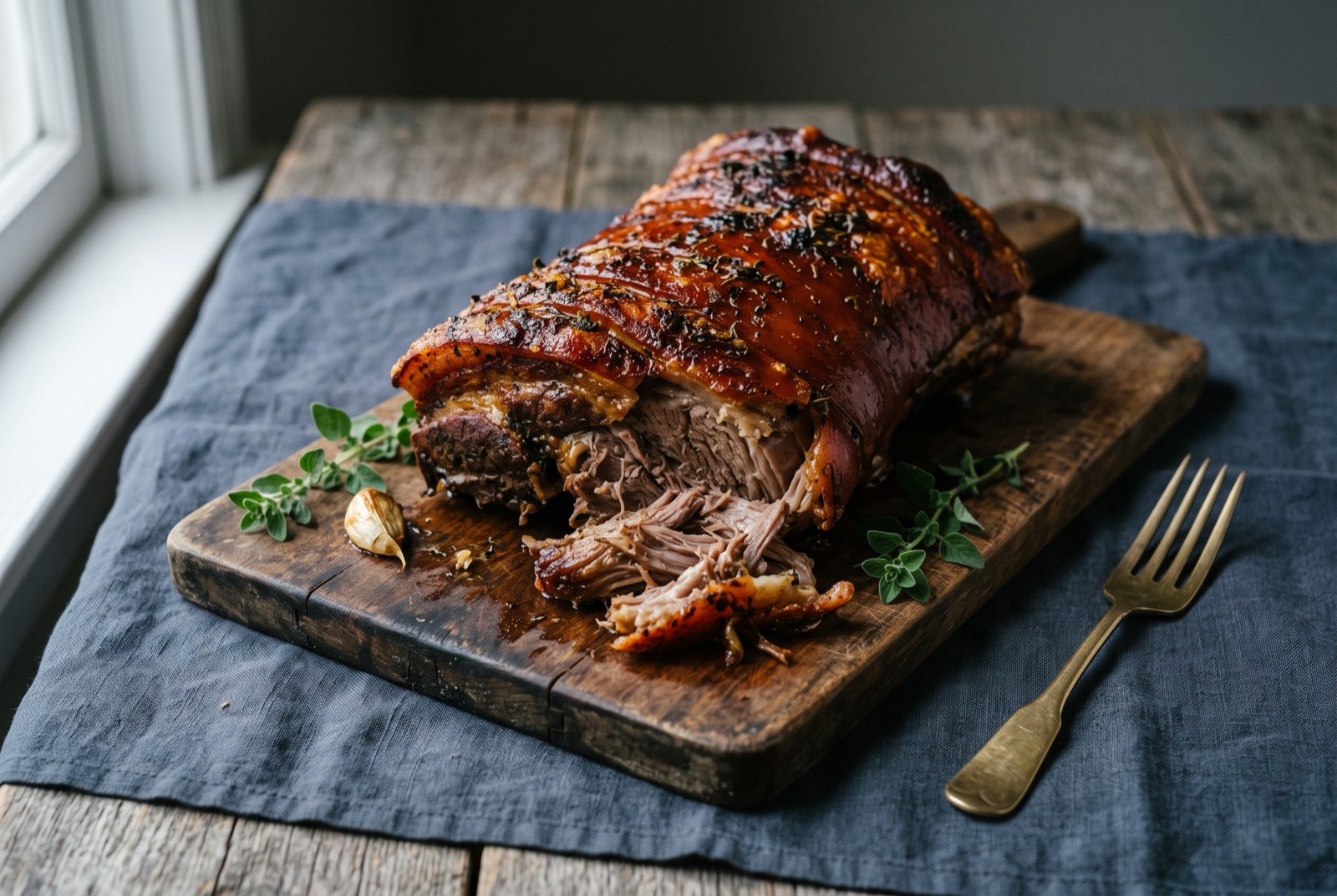 Lechón asado, whole roast pig in a sour orange and garlic adobo: a section of whole roasted pig with deeply burnished mahogany, crackling skin, resting on a wooden board, the meat pulling apart at the edge.