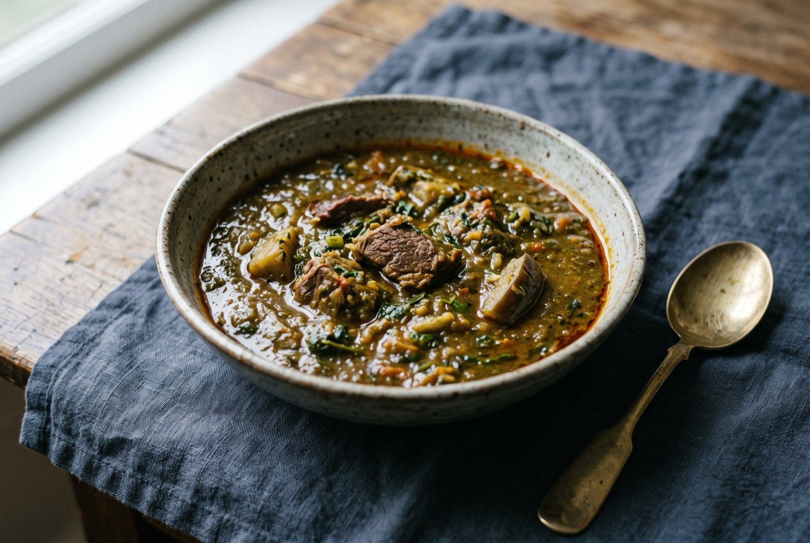 Legim, a thick vegetable and beef ragout: a deep bowl of a thick, dark green brown vegetable stew, pieces of tender beef and aubergine visible within a coarsely pureed vegetable base.