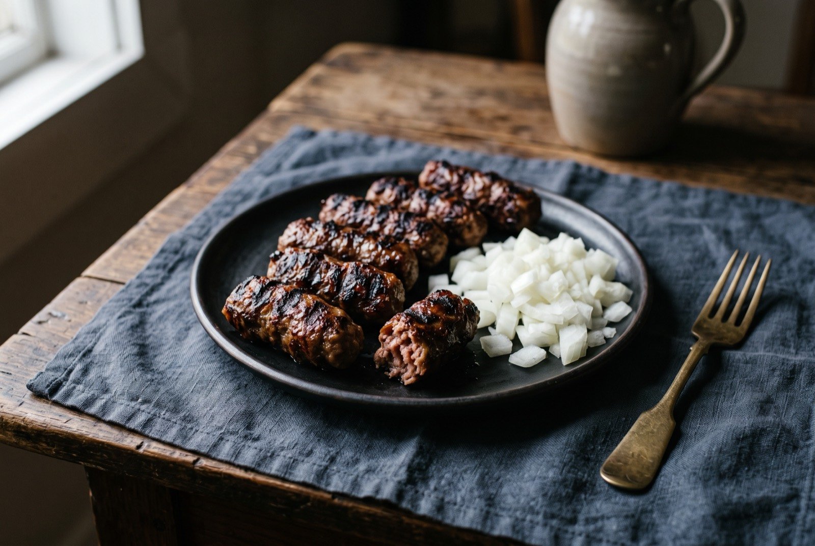 Leskovački ćevapi, grilled minced-meat fingers: six or seven short, plump grilled minced-meat fingers arranged in a loose row, deeply charred and blistered dark brown on the outside with visible grill marks.