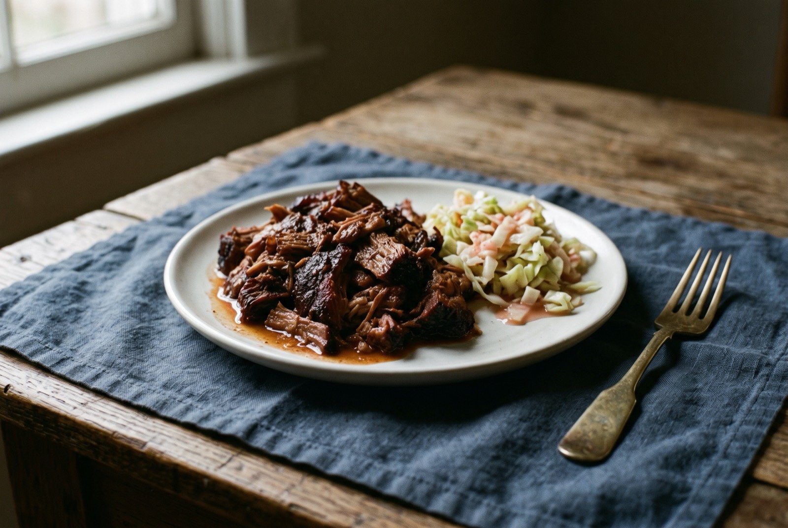 Lexington-style Piedmont barbecue, chopped smoked pork shoulder with a vinegar-tomato dip: a mound of dark, smoky chopped pork shoulder piled on a plate, glistening with a thin reddish vinegar-tomato dip, a small heap of pale pink dressed cabbage slaw resting alongside.