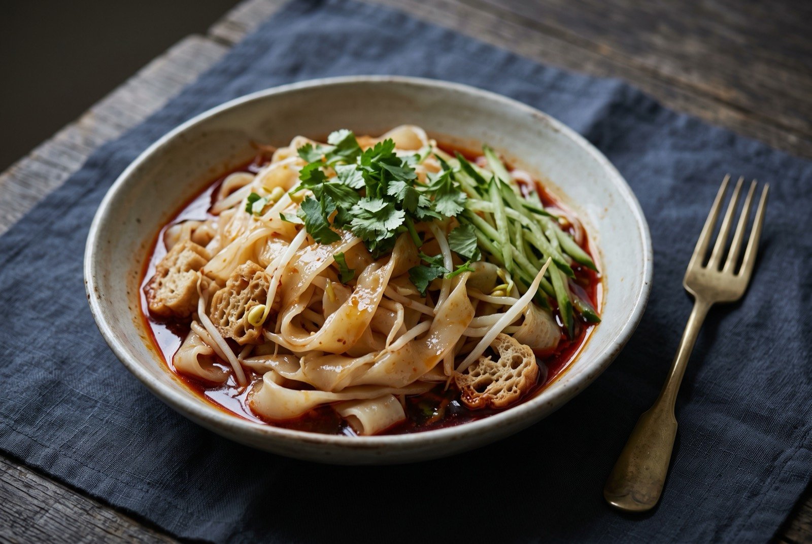 Liangpi, cold skin noodles in chilli oil: translucent pale noodles tossed with julienned cucumber and bean sprouts in a red chilli oil dressing, a strip of wheat gluten visible among the noodles.