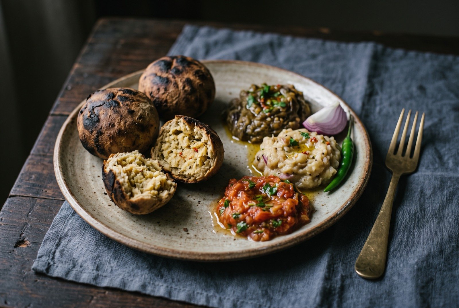Litti chokha, Bihar's ember-roasted sattu ball with raw-dressed vegetable mash: a rustic plate holding two or three dark, smoky-crusted round litti balls, one broken open to show a pale, moist sattu filling inside.