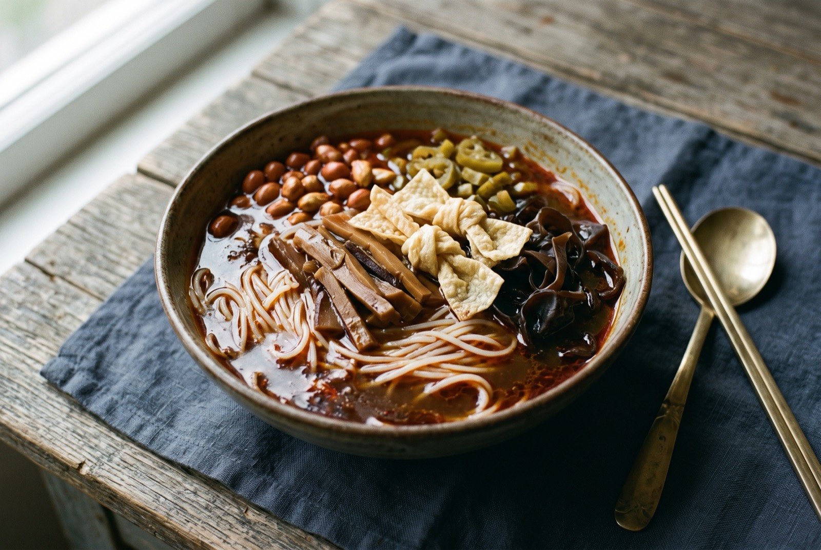 Liuzhou luosifen, snail rice noodles in a spiced pork bone broth with fermented bamboo shoot: a deep bowl of dark reddish-brown broth over thin rice vermicelli, dark strips of fermented bamboo shoot, pale tofu skin and black fungus arranged on top.