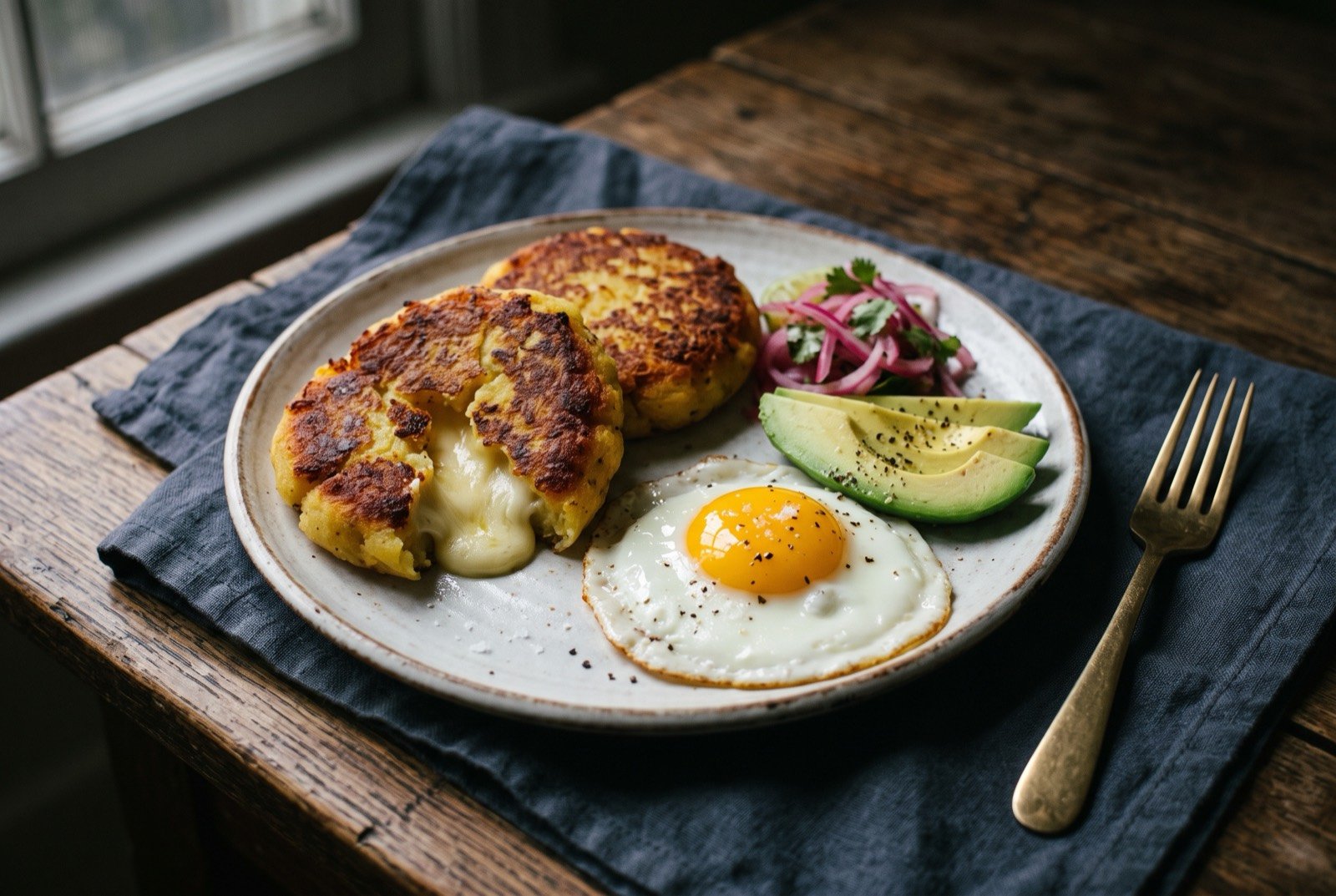 Llapingacho, cheese stuffed potato cakes: two golden brown potato cakes with a lightly crisped surface, one broken open to show a molten core of melted white cheese.
