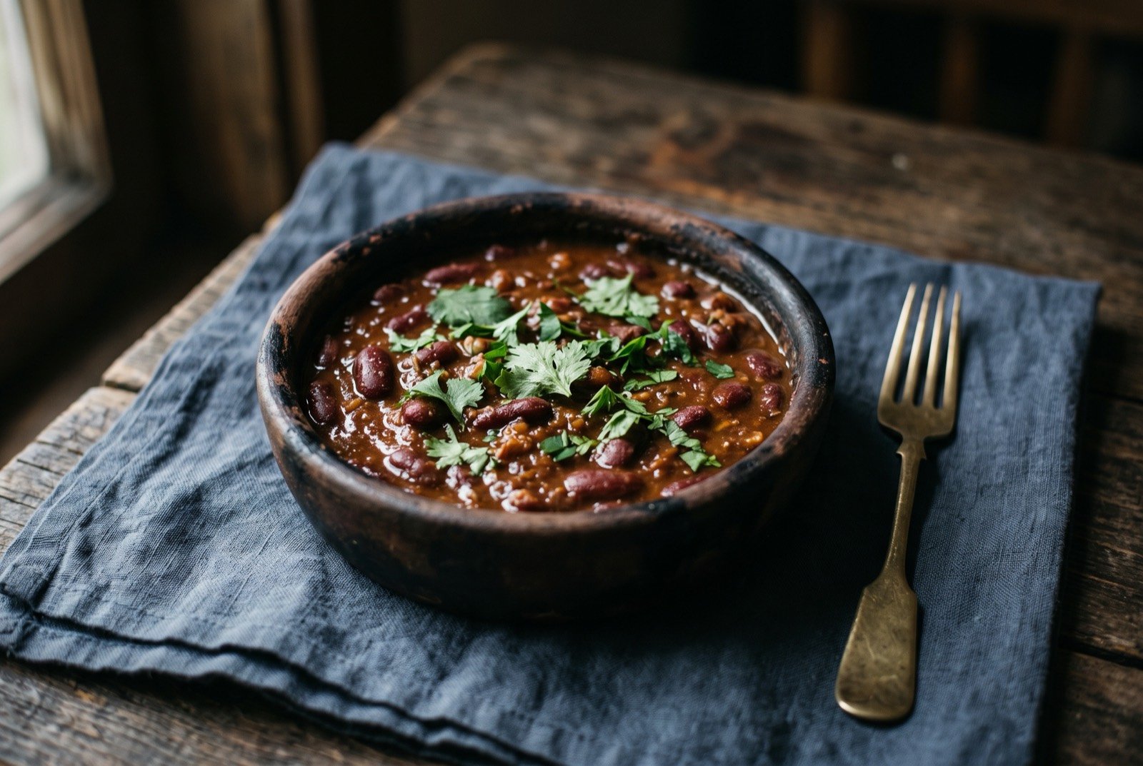 Lobio, a kidney bean stew finished with spices and herbs in a small clay pot: a small clay pot of thick, deep red brown bean stew, whole kidney beans visible just beneath a glossy surface, a scatter of fresh mint and coriander leaves across the top.