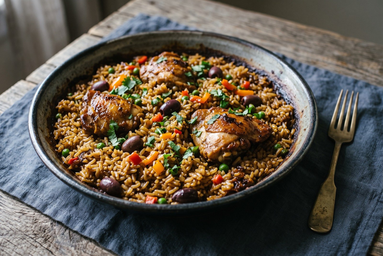 Locrio de pollo, Dominican seasoned chicken and rice: a wide dish of glossy amber brown rice studded with bone in chicken pieces, dark olives and flecks of red pepper, a faint dark crust visible at the rice's edge.