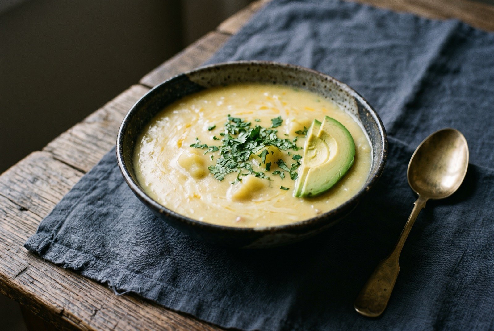 Locro de papa, a potato and cheese soup: a rustic bowl of thick, pale yellow potato soup with a smooth, creamy surface faintly streaked with melted cheese, a few soft potato pieces just visible beneath the surface.