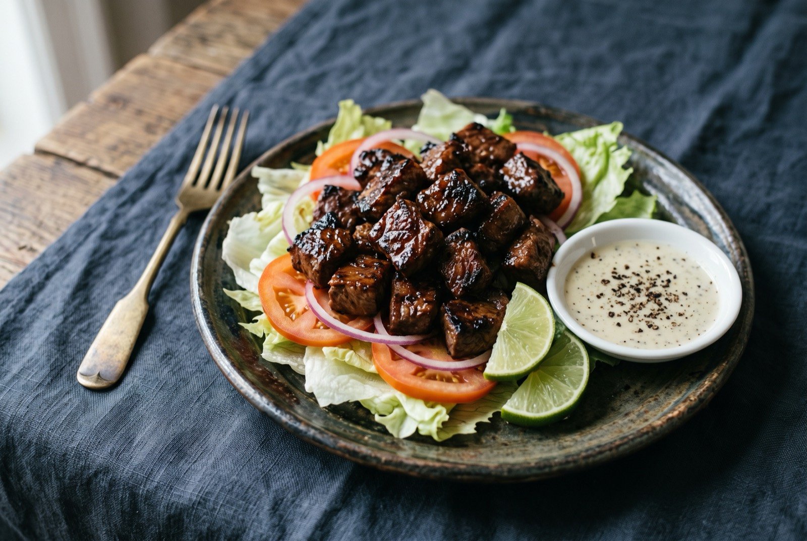 Lok lak, seared cubed beef glazed dark over lettuce, tomato and onion: glossy dark brown cubes of seared beef piled over crisp pale lettuce leaves, sliced tomato and thin rings of red onion, a small dish of pale cream dipping sauce flecked with cracked black pepper resting alongside.