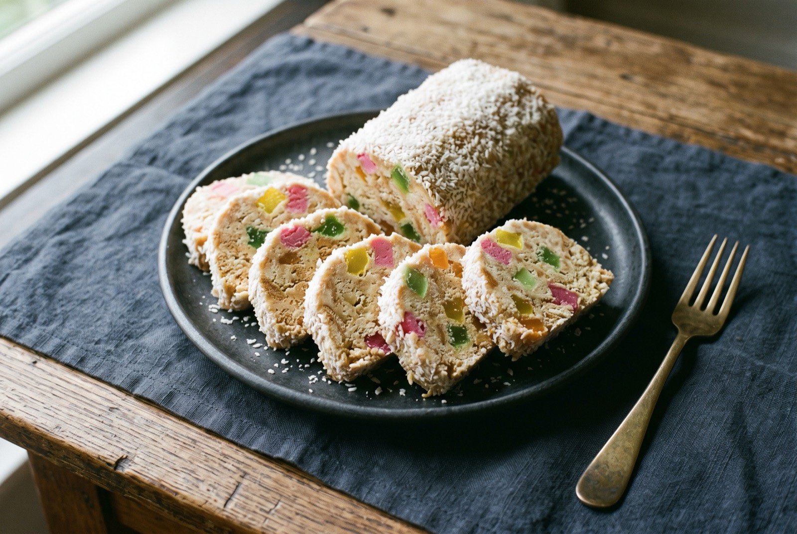 Lolly cake, a no-bake log of biscuit, condensed milk and fruit lollies rolled in coconut: a sliced log of pale beige cake studded with small pink, green and yellow chewy lolly pieces, coated in a rough layer of white desiccated coconut.