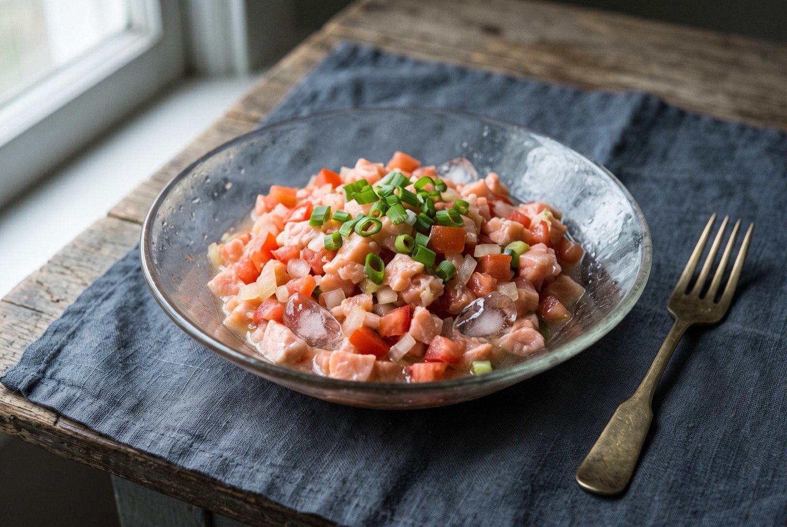 Lomi lomi salmon, hand worked salted salmon with tomato and onion: a shallow glass bowl of finely diced pale pink salmon mixed with bright red diced tomato and pale translucent onion, a few ice shards visible among the mixture.