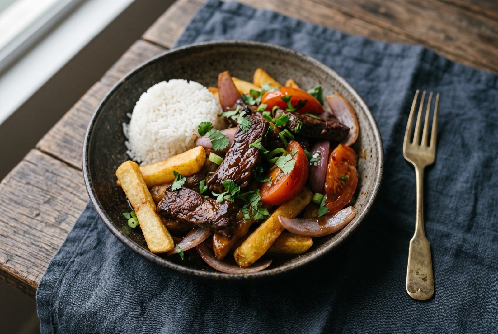 Lomo saltado, wok seared beef with tomato and chips: strips of dark seared beef tossed with pale golden fried potato chips and soft red onion and tomato wedges, a glossy brown sauce coating everything.