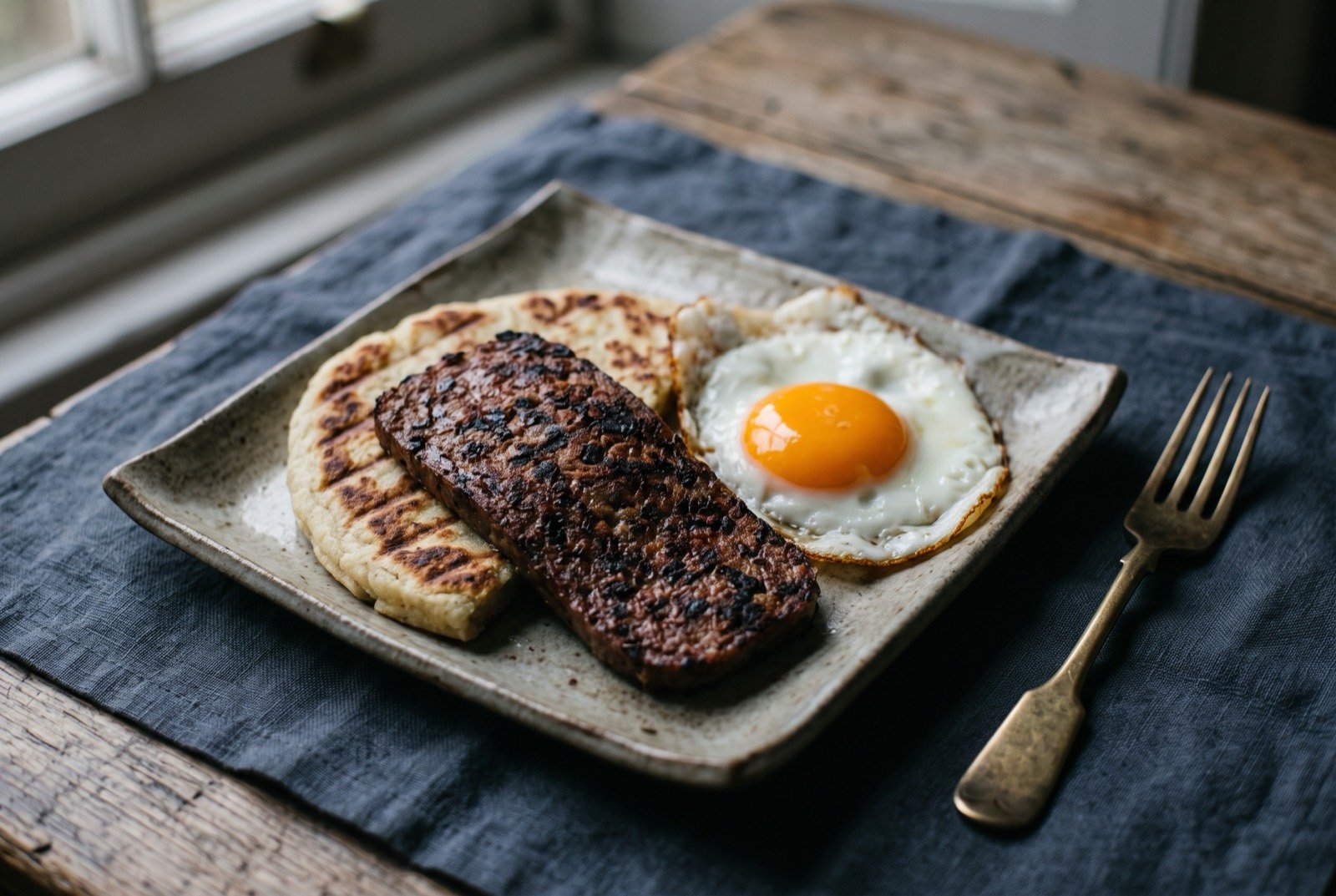 Lorne sausage and tattie scone: a flat rectangular slice of dark browned square sausage overlapping a pale golden tattie scone on a plate, both bearing hard griddle marks.