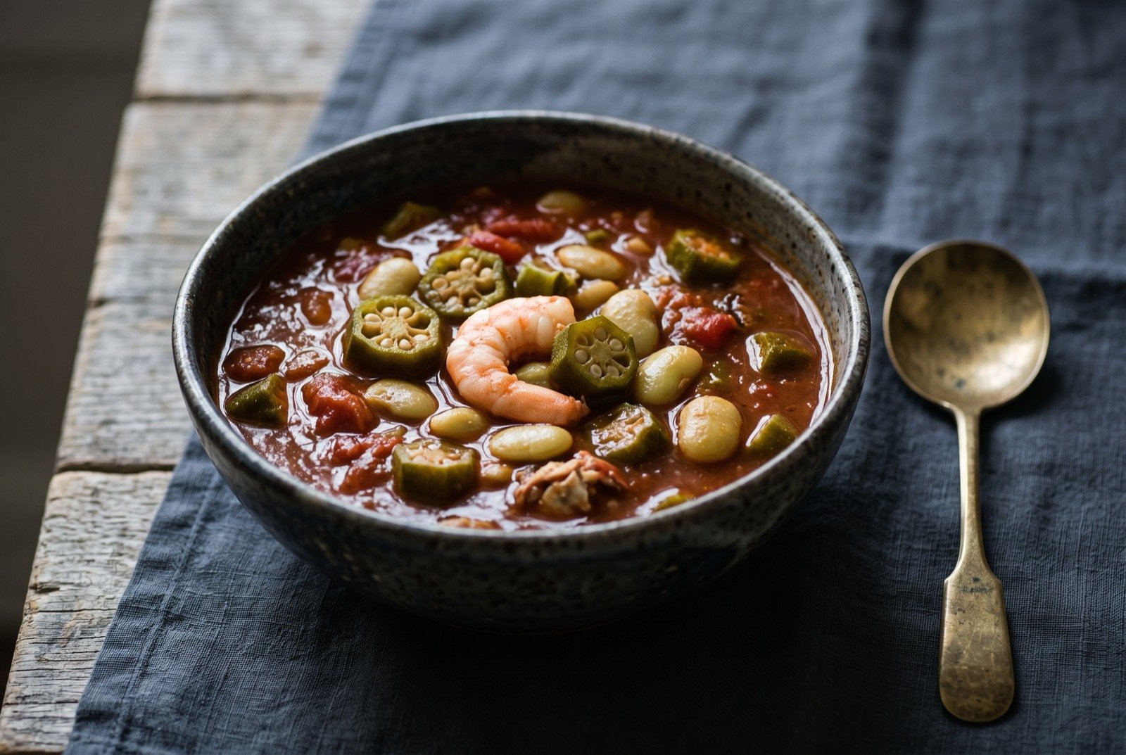 Lowcountry okra soup, a rouxless tomato and okra soup: a deep bowl of thick, dark red tomato soup studded with rounds of green okra and pale lima beans, a piece of pink shrimp breaking the surface.