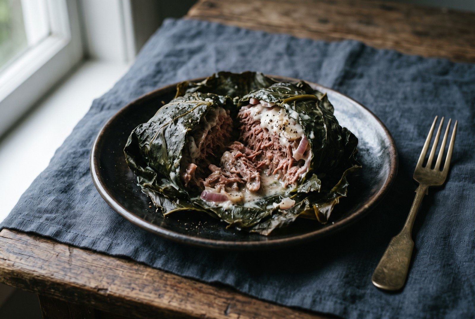 Lū pulu, Tongan corned beef and onion baked in taro leaf with coconut cream: a dense, dark green taro leaf parcel cut open to show tender shredded corned beef bound in thick coconut cream, resting on a dark plate with a faint sheen of oil.
