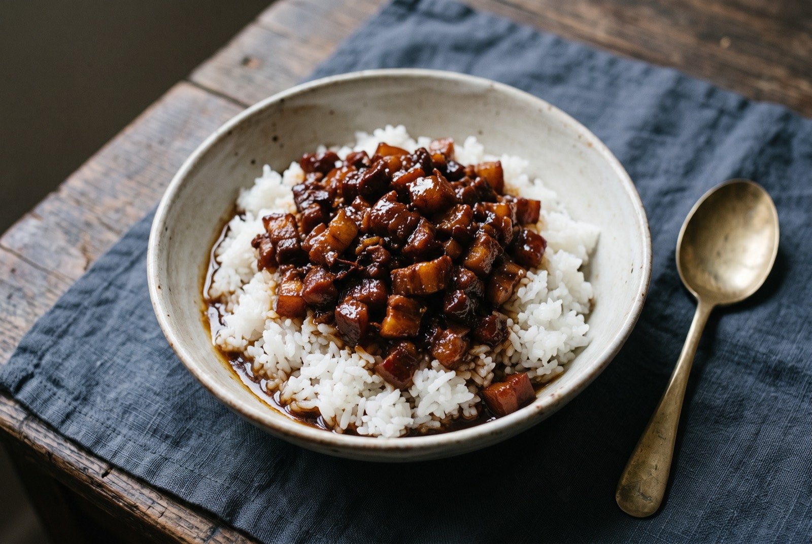 Lu rou fan, braised pork rice spooned over sticky Penglai rice: a bowl of steamed white rice generously spooned over with glossy dark braised pork, small diced cubes glazed a deep mahogany.