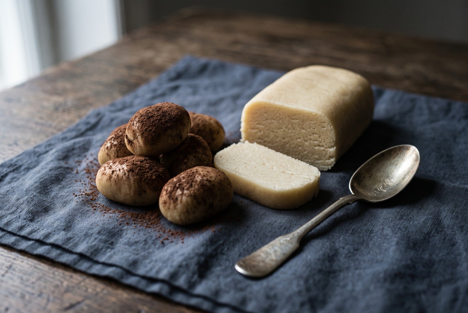 Lübecker Marzipan, Lübeck's almond paste confection: a small arrangement of pale ivory marzipan shaped into rustic potato forms, dusted with cocoa, beside a plain sliced block of marzipan loaf showing its dense.