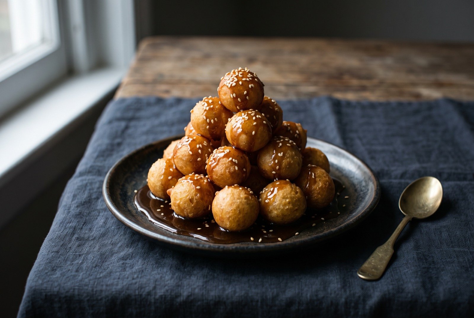 Luqaimat, deep-fried dough balls in date syrup: a small pyramid of golden, deep-fried dough balls stacked on a plate, dark date syrup pooling underneath and dripping down the sides.