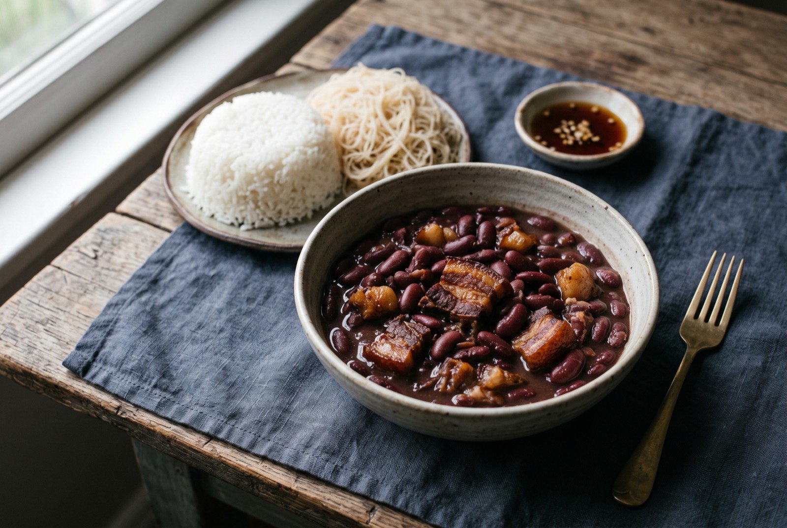 Māʻa tinitō, Chinese-Tahitian red beans with fried pork belly: a deep bowl of dark red kidney beans in a thick broth with browned pieces of pork belly through it, served beside a small mound of white rice and a tangle of pale rice vermicelli.