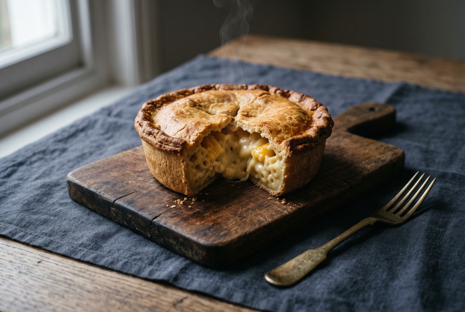 Macaroni pie: a single round pie with a deep golden hot water crust cut open to reveal creamy macaroni cheese inside, resting on a wooden board.