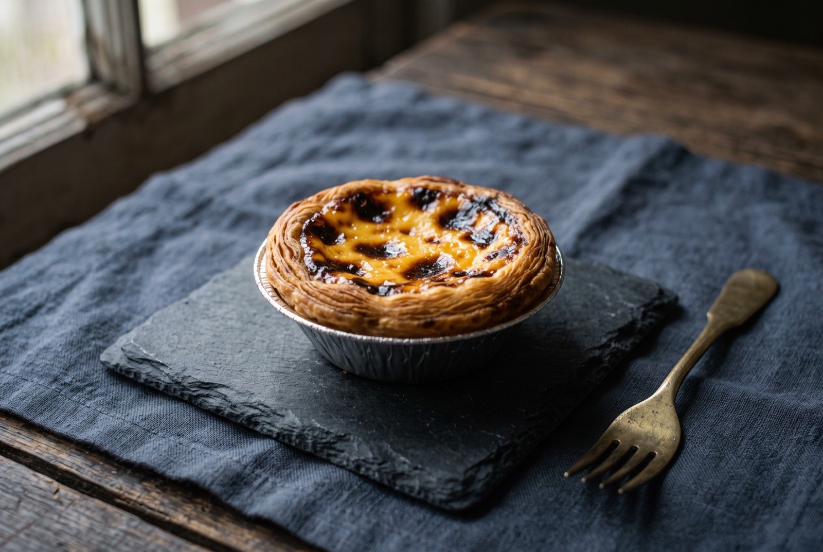 The Macau egg tart, puff pastry with a caramelised custard top: a single egg tart in a fluted metal case, the custard top deeply caramelised in near black leopard spotted patches over pale yellow custard.