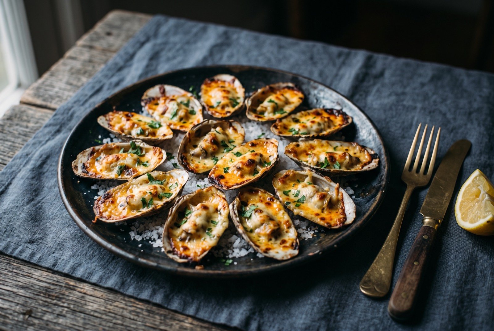 Machas a la parmesana, surf clams gratinated in their shell with cheese: a row of open clam shells nestled in coarse rock salt, each one filled with a plump clam beneath a layer of melted, lightly browned cheese with small golden blistered spots.