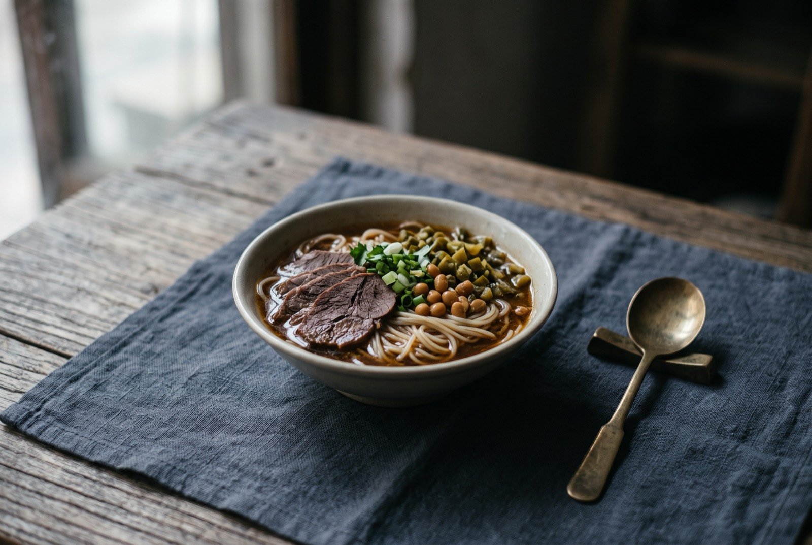Mafen, Guilin horse-meat rice noodles served in small refillable bowls: a small shallow bowl, noticeably smaller than a standard noodle bowl, holding a modest tangle of thin rice noodles under a little dark spiced broth.