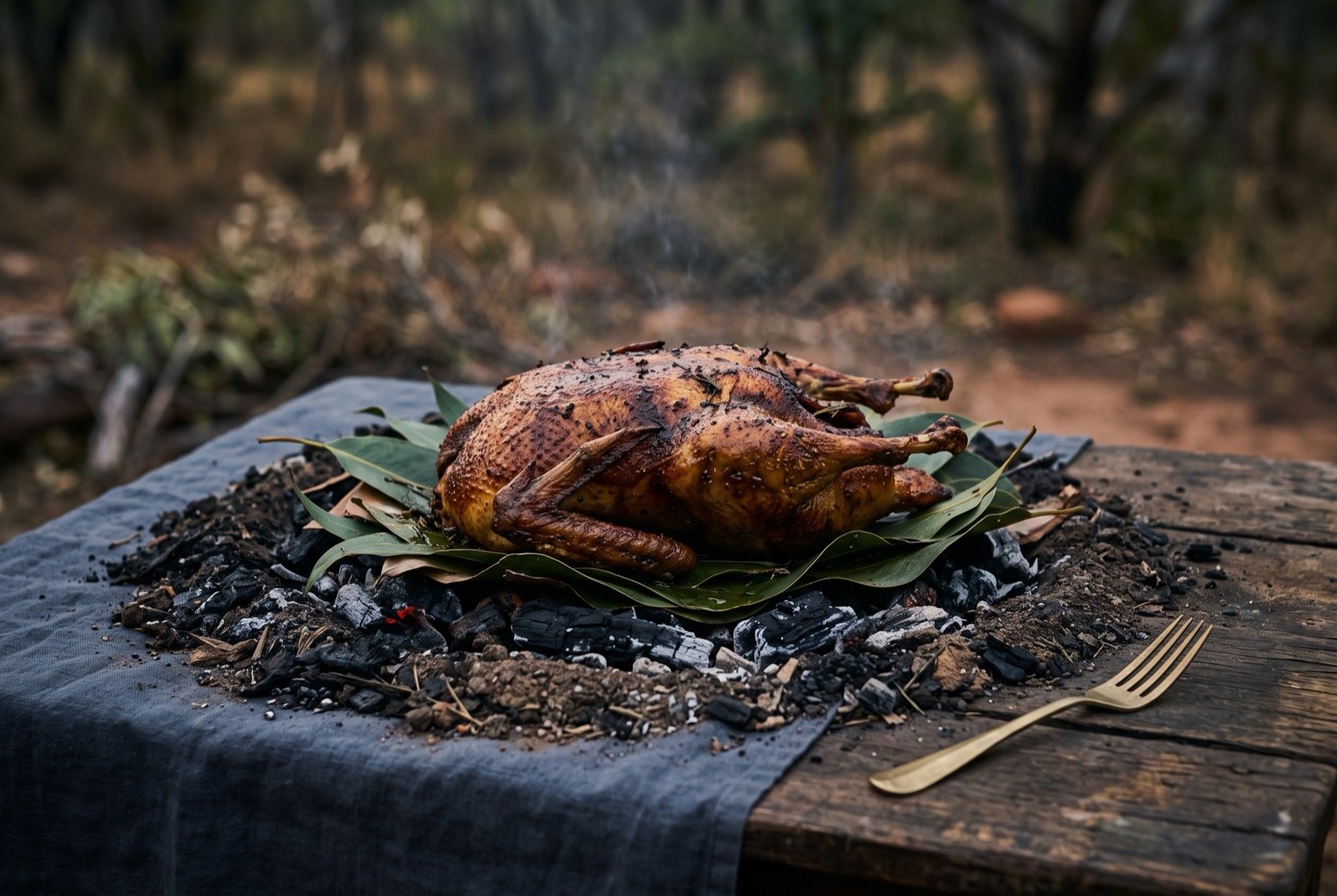 Magpie goose, roasted whole in a ground oven: a whole roasted goose with deep bronzed, taut skin, resting on broad green leaves over glowing coals in a shallow earth pit.