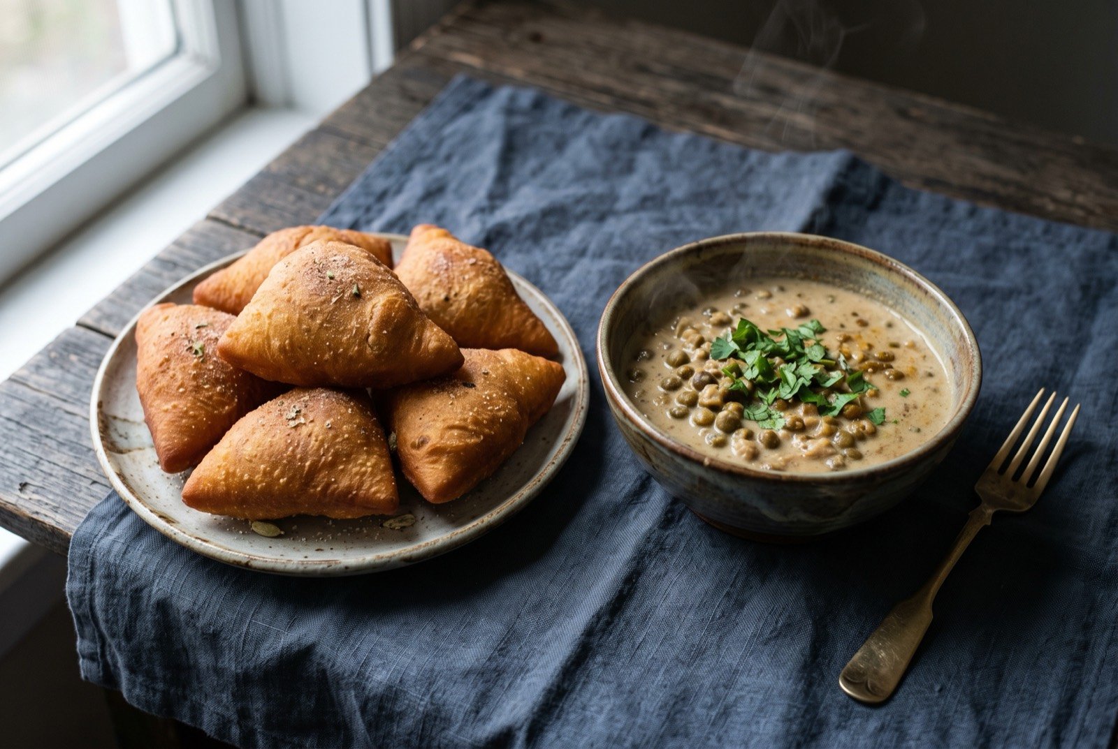 Mahamri and mbaazi za nazi: puffed golden triangular cardamom doughnuts piled on a plate beside a bowl of pigeon peas in a pale thick coconut sauce.