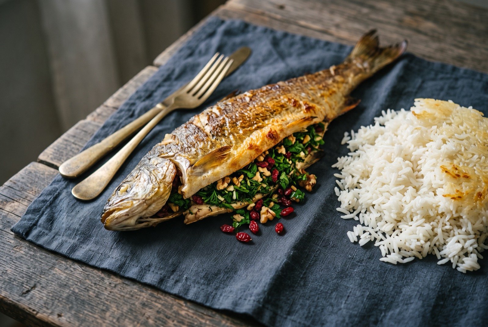 Mahi shekam por, a whole Caspian whitefish stuffed with walnut, pomegranate and herbs, served with steamed kateh rice: a whole roasted white fish with crisp golden brown skin, its belly cavity split open to reveal a dark green herb, walnut and pomegranate stuffing spilling slightly onto the plate.