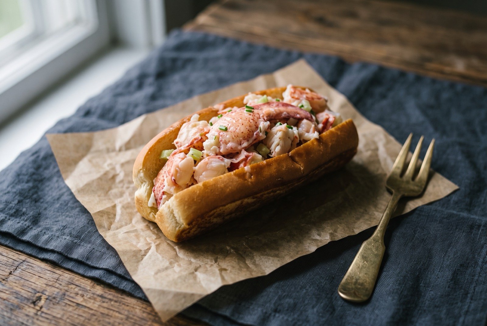 The Maine lobster roll: a split top hot dog bun, lightly toasted and buttered along its flat sides, overflowing with large chunks of pale pink and white lobster meat lightly dressed and glistening.