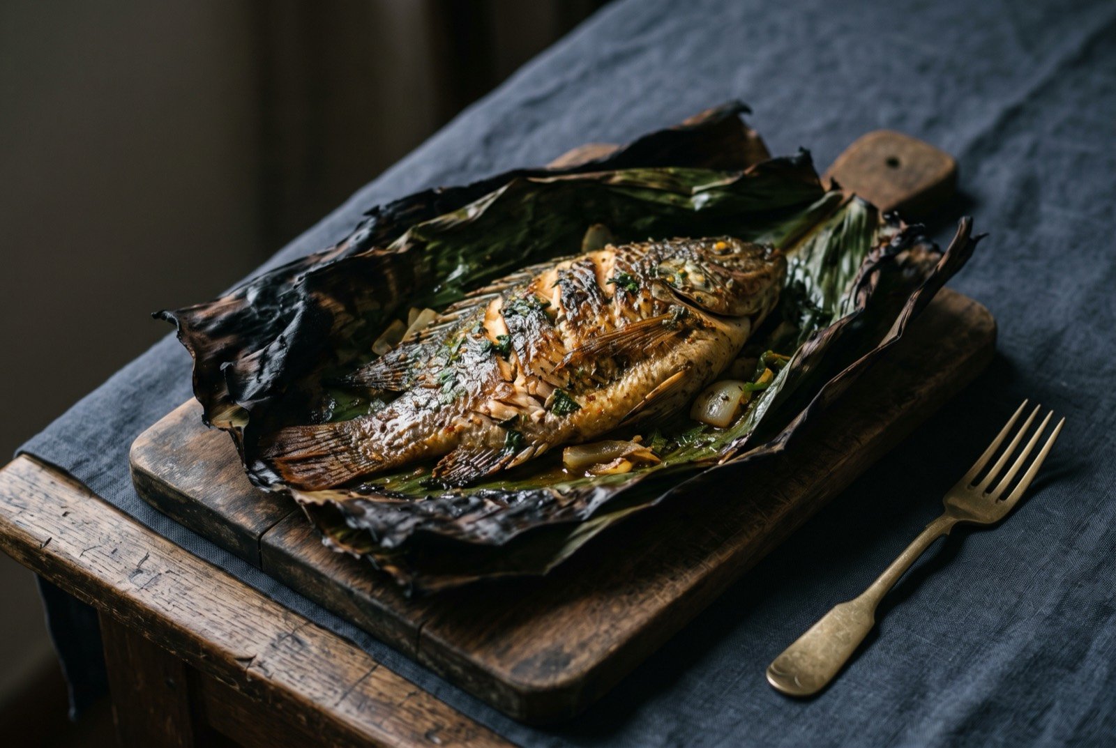 Maito, whole fish grilled in a bijao leaf parcel: a partially unwrapped bijao leaf parcel revealing a whole grilled fish inside, the leaf charred and blackened at the edges.