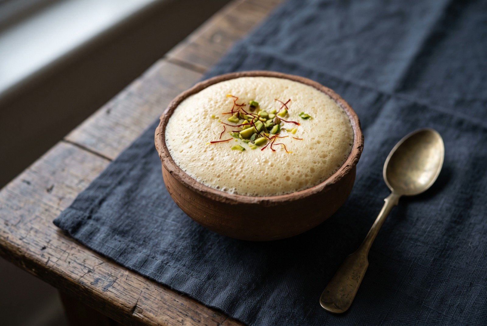 Malaiyo, Varanasi's dew-collected winter milk foam, saffron-scented: a small earthen pot filled to the brim with an impossibly light, pale golden-cream foam, its surface delicately domed above the rim.