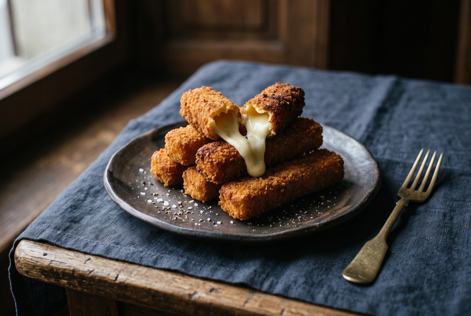 Malakoff, batter-fried sticks of Gruyère cheese with a molten centre: several golden brown fried batons standing upright on a plain plate, the crisp fried shell cracked open at one end to reveal a molten pale cheese centre spilling slightly.