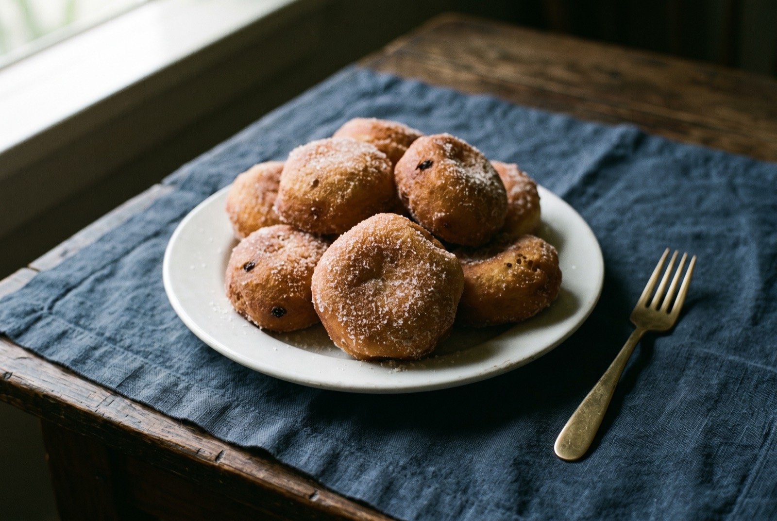 Malasada, Portuguese fried sugared dough: several golden brown, irregularly round fried doughnuts heavily coated in granulated sugar, piled loosely on a plain white plate.