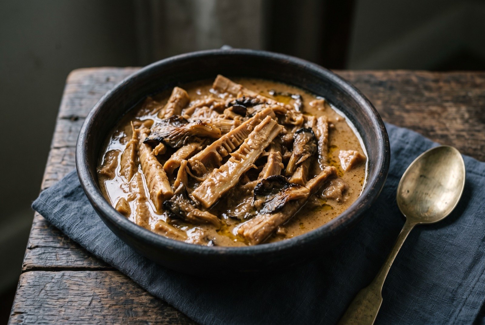 Malewa: Strips of rehydrated smoked bamboo shoot, tan and fibrous with visible joints along their length, softened into a thick fawn groundnut sauce that has begun to release its oil. Torn seared oyster mushrooms folded through.
