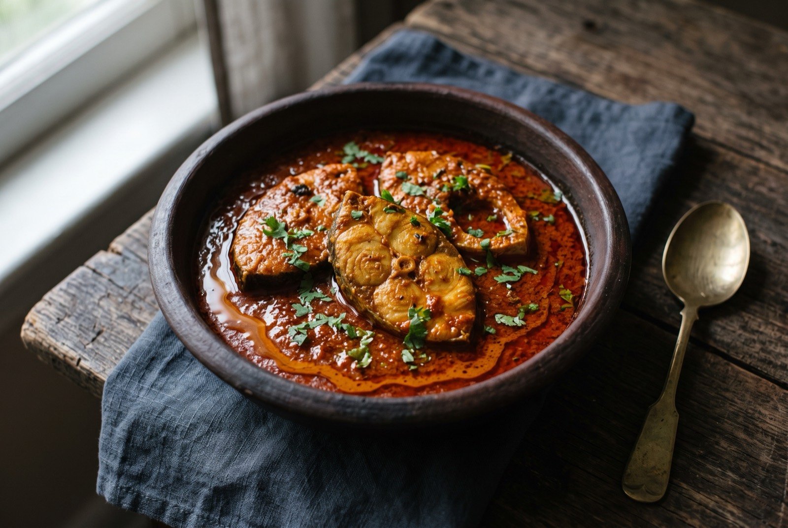Malvani fish curry, coconut and kokum fish curry: firm white fish steaks in a deep brick-red coconut-based gravy, a faint oil sheen on the surface, no fresh herb garnish.