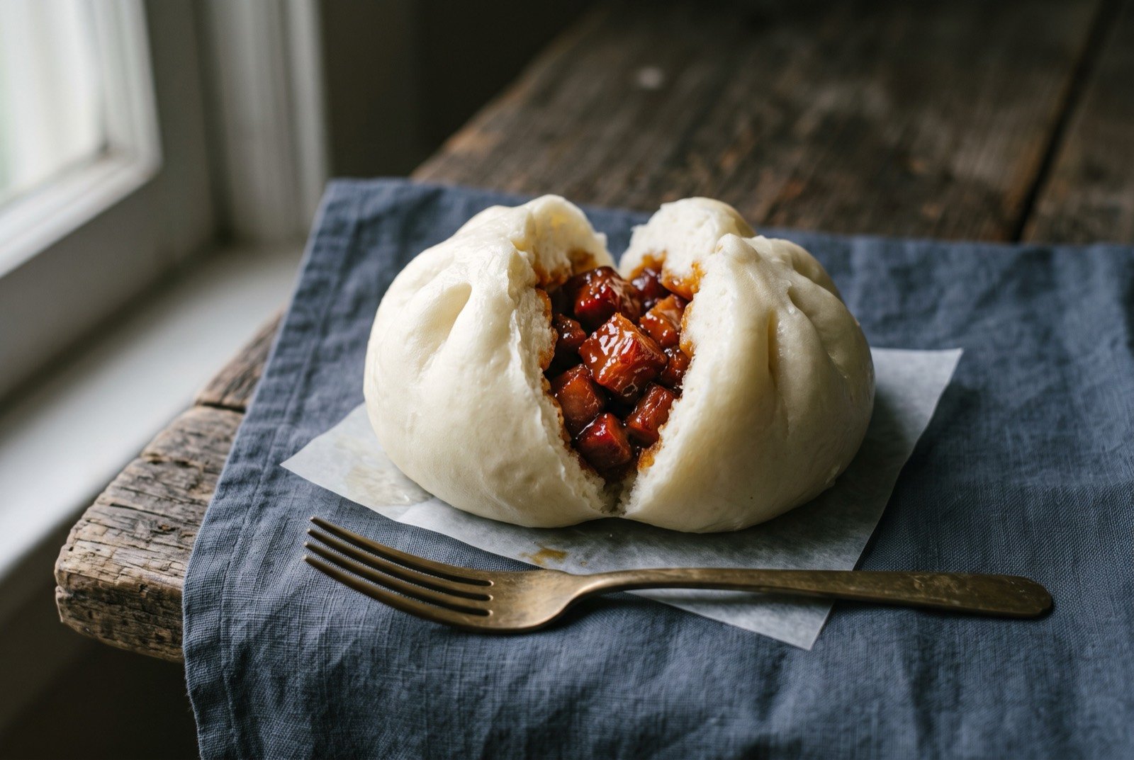 Manapua, steamed char siu filled bun: a pale, plump white steamed bun split open to reveal glossy dark red diced char siu pork filling inside, sitting on a small square of baking paper.
