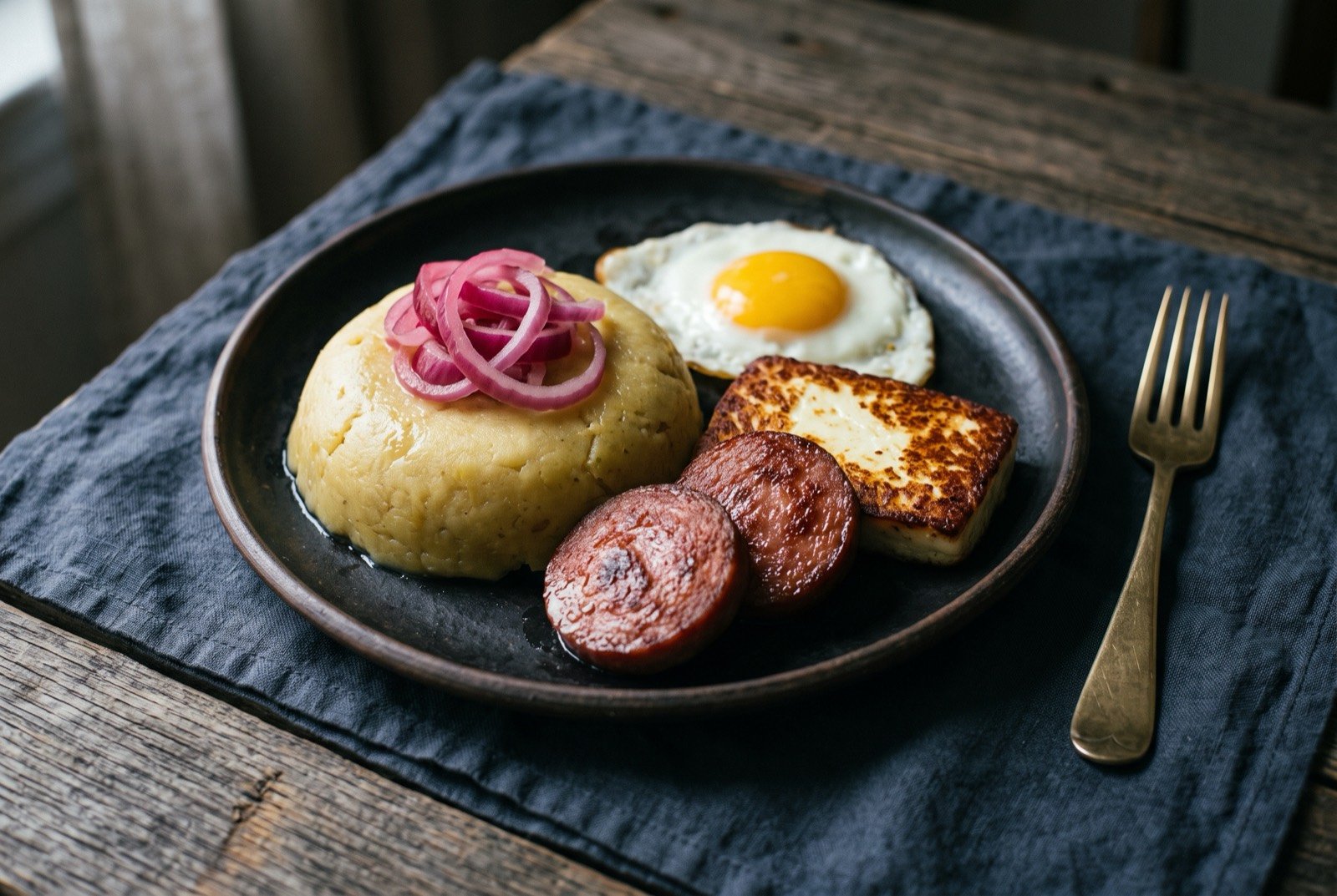 Mangú con los tres golpes, mashed plantain with fried cheese, salami and eggs: a smooth pale golden mound of mashed plantain topped with pickled red onion rings, plated alongside slices of fried salami.