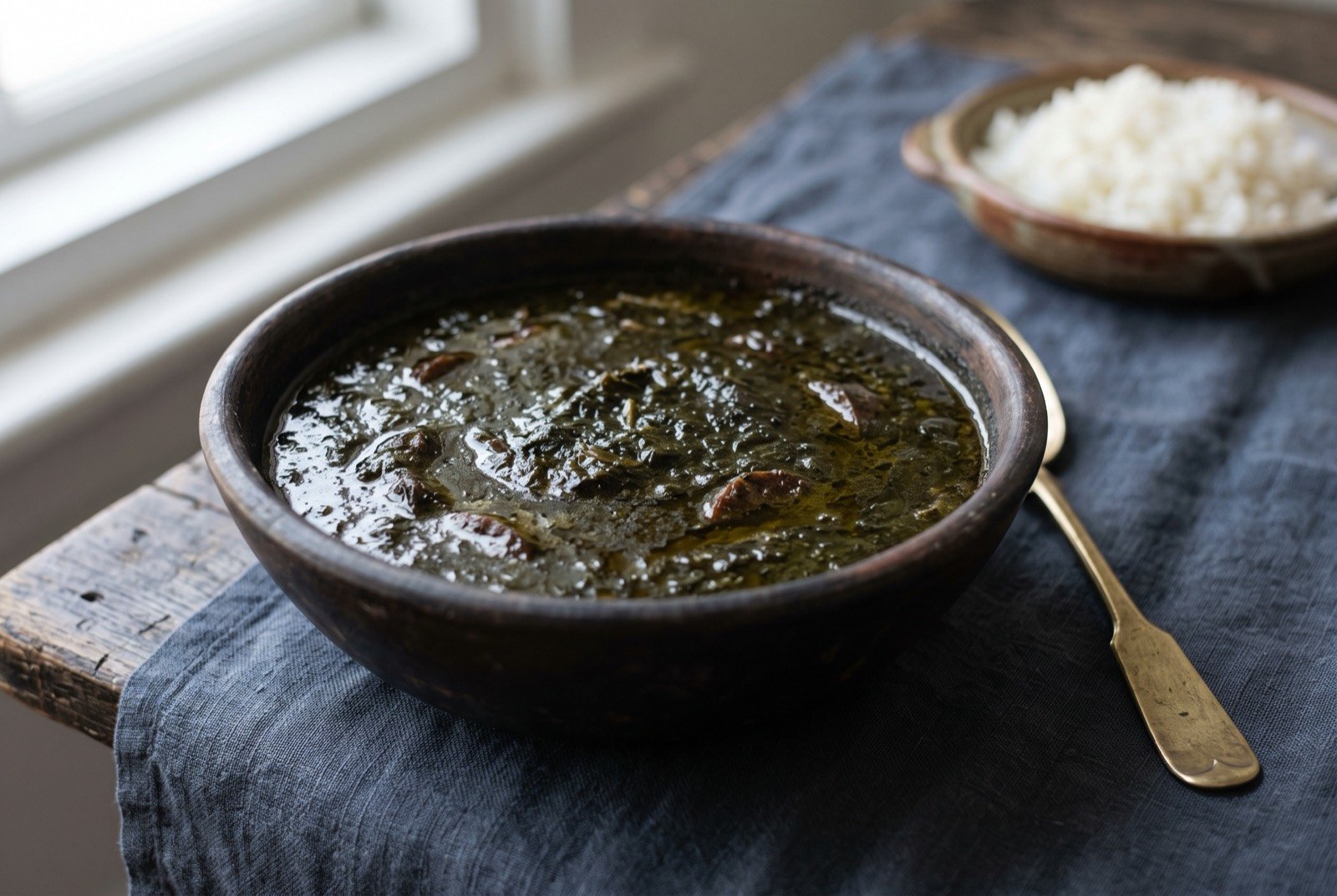 Manicoba, a bitter cassava leaf stew simmered for a full week with cured meats: a deep dark green, almost black stew in a wide clay bowl, pieces of cured pork and sausage just visible beneath the surface.
