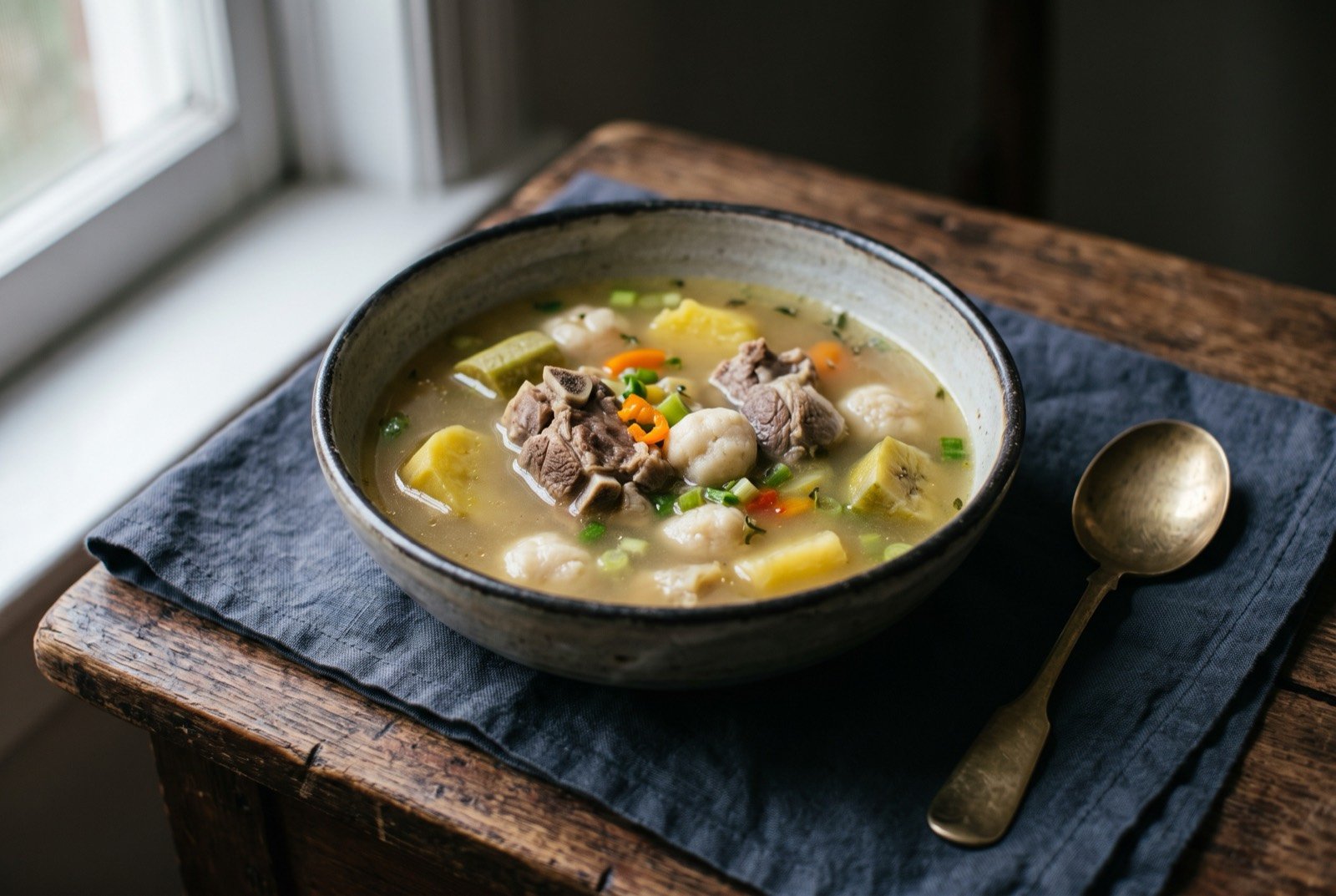 Mannish water, goat head soup with dumplings: a deep bowl of clear pale broth holding pieces of goat meat, small dense flour dumplings, chunks of yam and green banana.