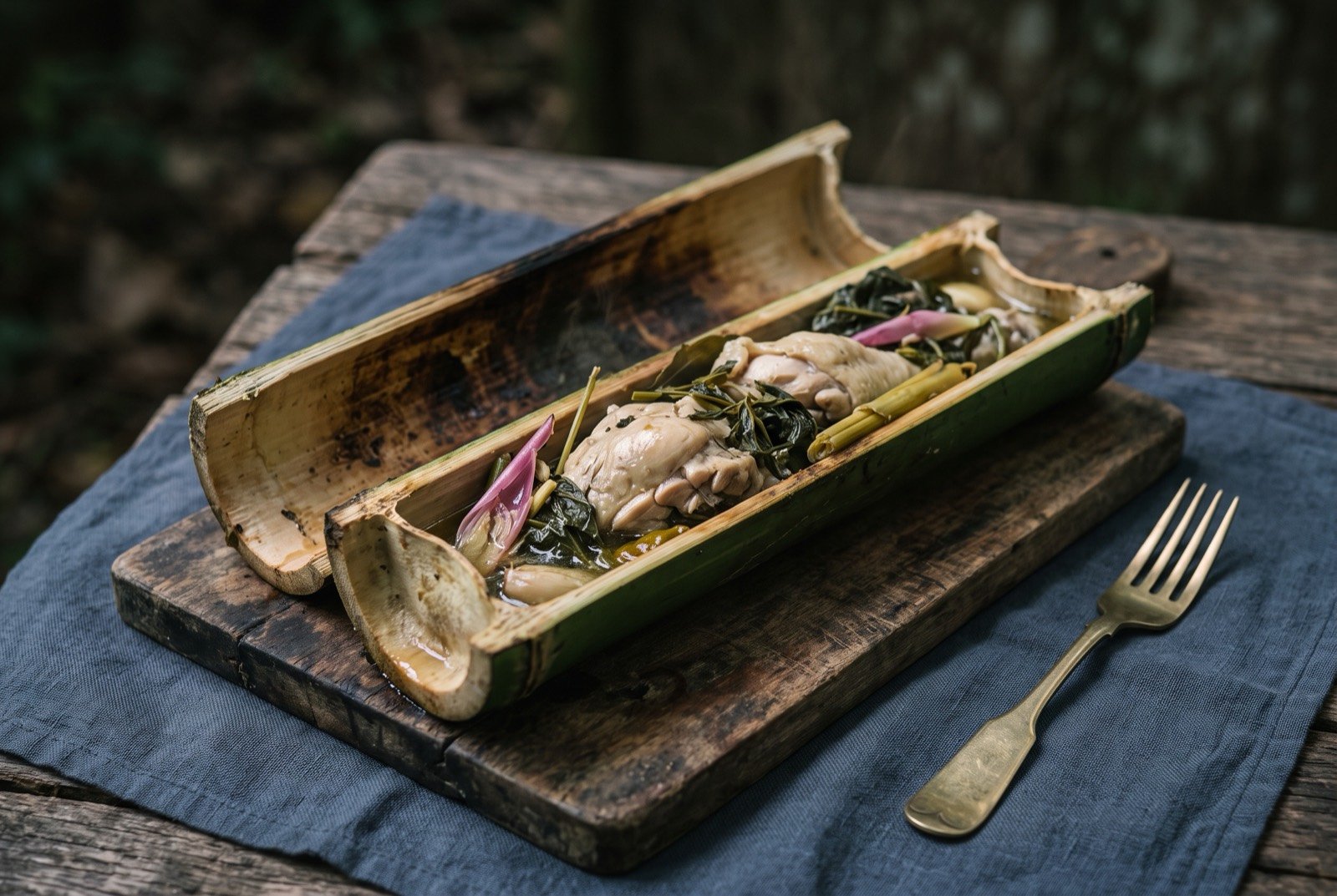 Manok pansuh, bamboo-cooked chicken: a split length of green bamboo laid open on a wooden board, revealing pale cooked chicken pieces and dark wilted greens inside.