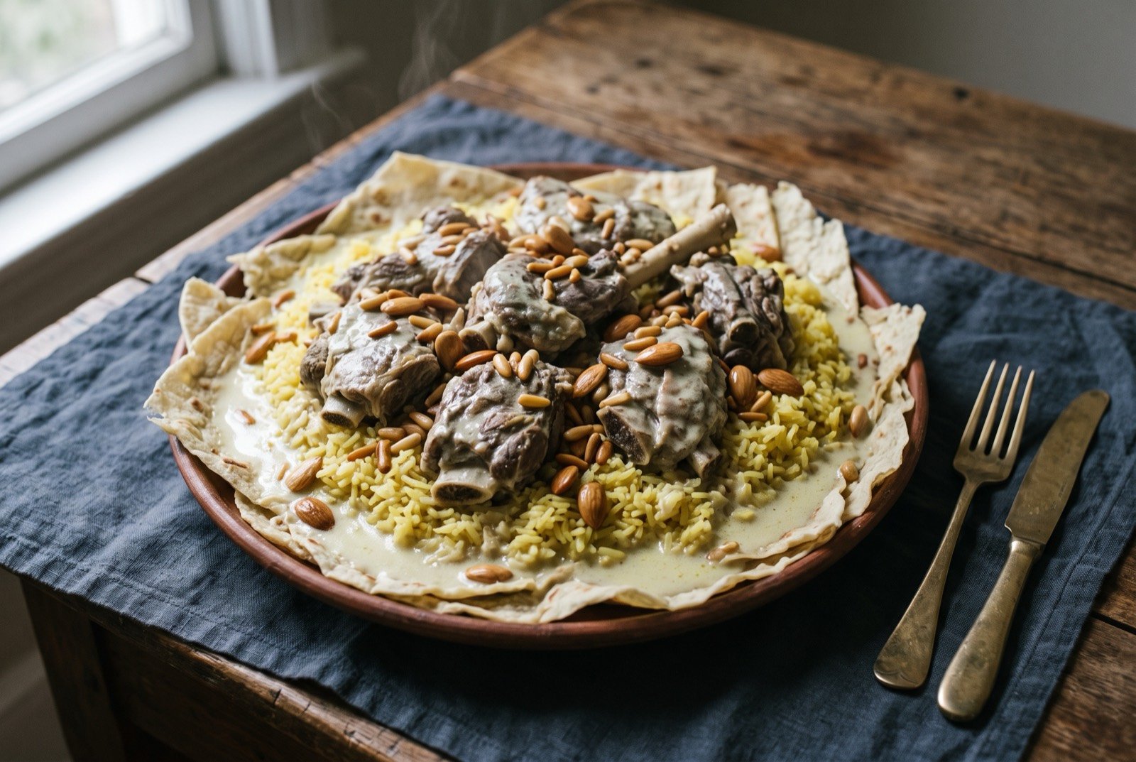 Mansaf, lamb in fermented jameed sauce over rice on shrak bread: a large round communal platter lined with thin shrak flatbread, mounded with rice and bone-in lamb pieces, glossy pale sauce pooling into the rice at the edges.