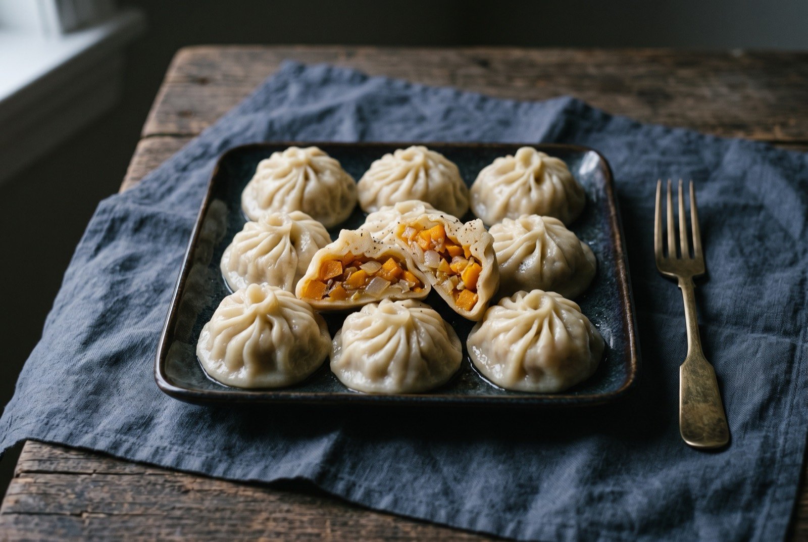 Manti, steamed dumplings filled with pumpkin, onion and tail fat: small pleated steamed dumplings with a translucent pale dough, arranged in neat rows on a dark plate, one cut open to show a filling of diced orange pumpkin and pale onion.