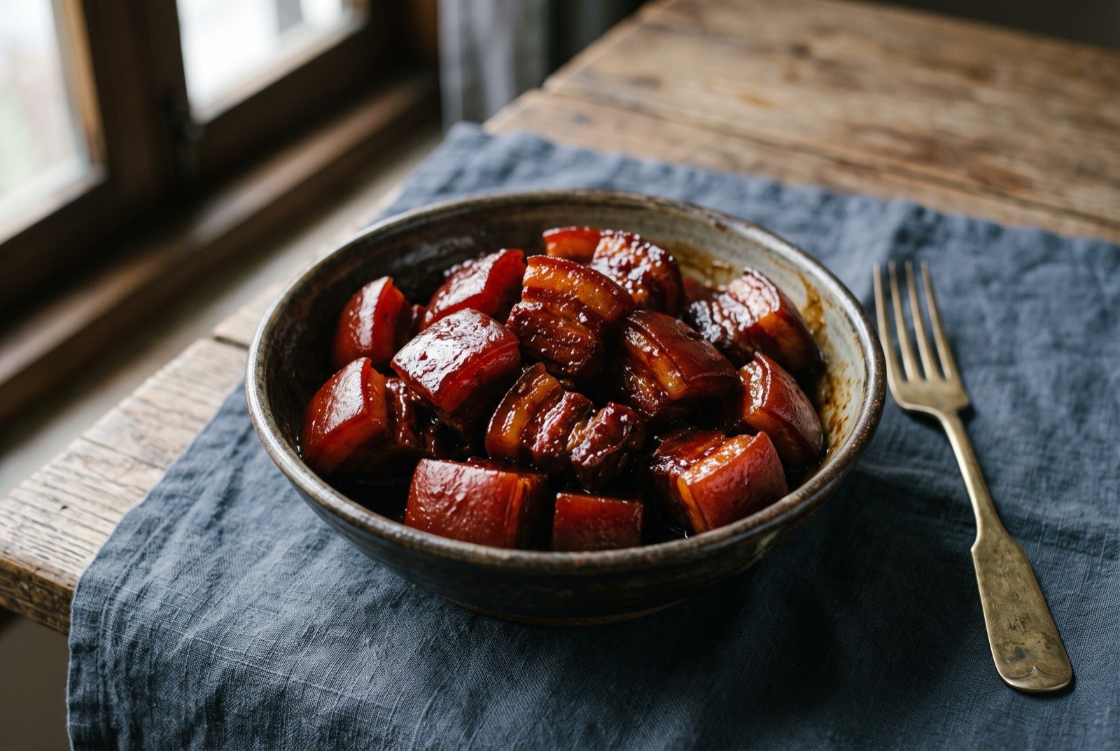 Mao shi hongshaorou, Mao's braised pork belly coloured by caramelised sugar alone: glossy, deep mahogany red cubes of pork belly with a thick, dark caramelised sauce clinging to each piece, the skin side softly rounded and lacquered.