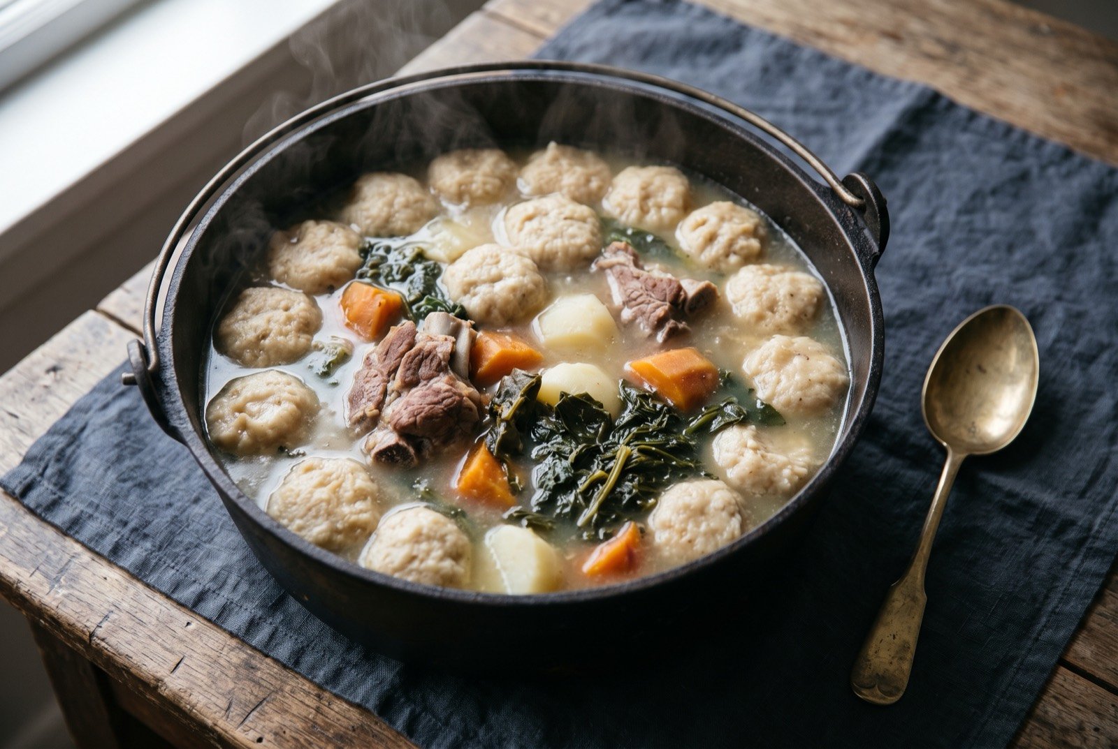 Boil-up, pork bones, pūhā and potatoes with doughboys: a wide dark pot of pale broth seen from above, chunks of pork, orange kūmara and potato and dark cooked greens submerged beneath pale round doughboys sitting on the surface.