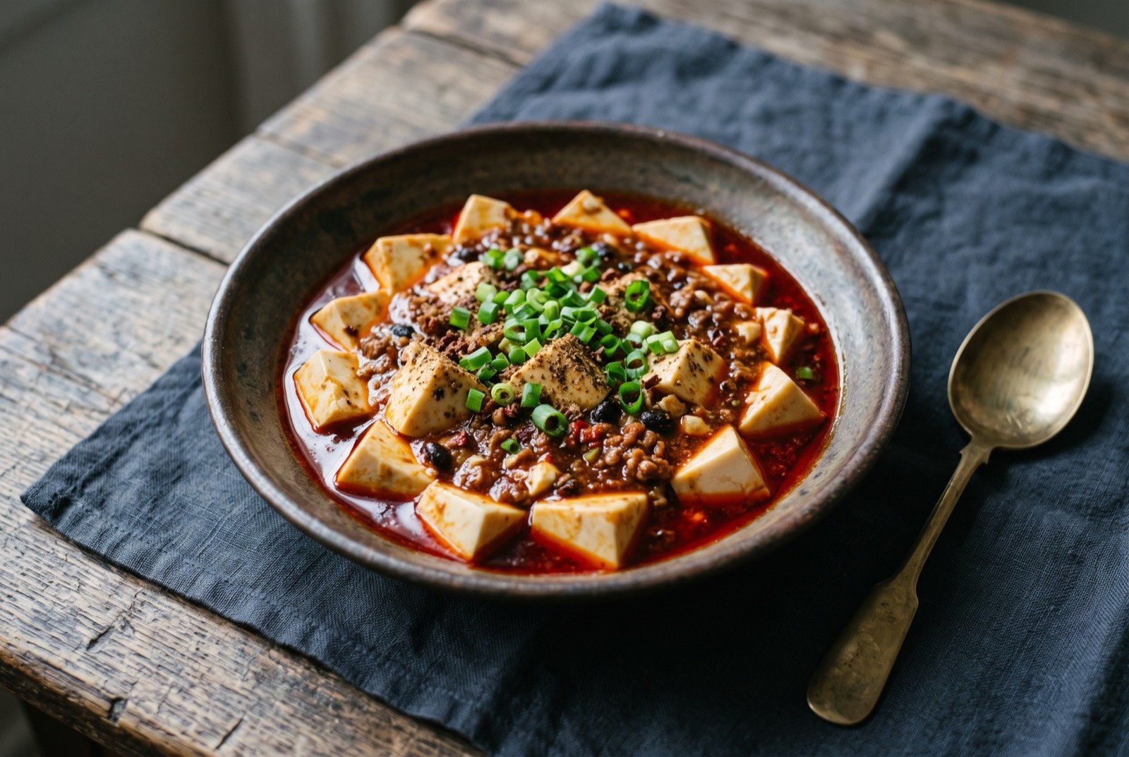 Mapo tofu, silken tofu cubes braised in a red-oiled doubanjiang and beef sauce: soft white tofu cubes suspended in a glistening, deep red-brown sauce studded with flecks of minced beef and fermented black bean.