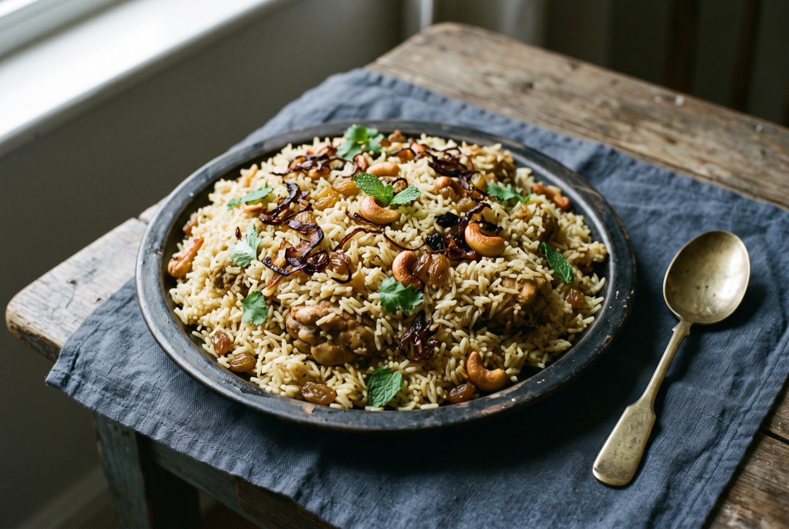 Mappila biryani, Malabar Muslim spiced rice with small-grain rice: a mound of pale golden-brown short-grain rice studded with bone-in chicken pieces, fried onion and cashew scattered across the top.