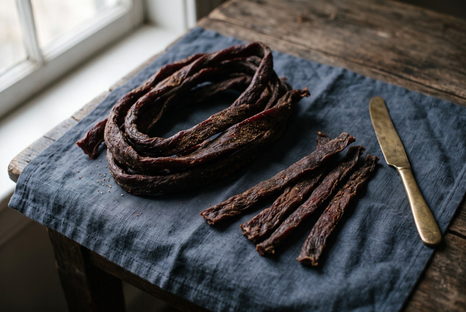 Maqdeed, sun-dried spiced meat strips: a loose coil of dark, leathery dried meat strips, deep reddish-brown throughout, a light dusting of ground spice visible on their surface.