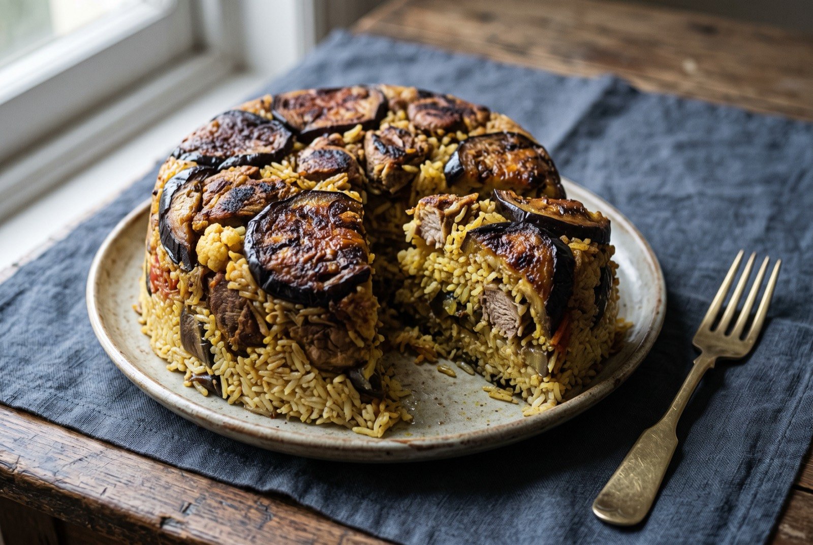 Maqluba, an inverted rice cake layered with aubergine and lamb: a tall inverted dome of rice studded with browned lamb pieces, its surface ringed with dark fried aubergine slices arranged like a crown.