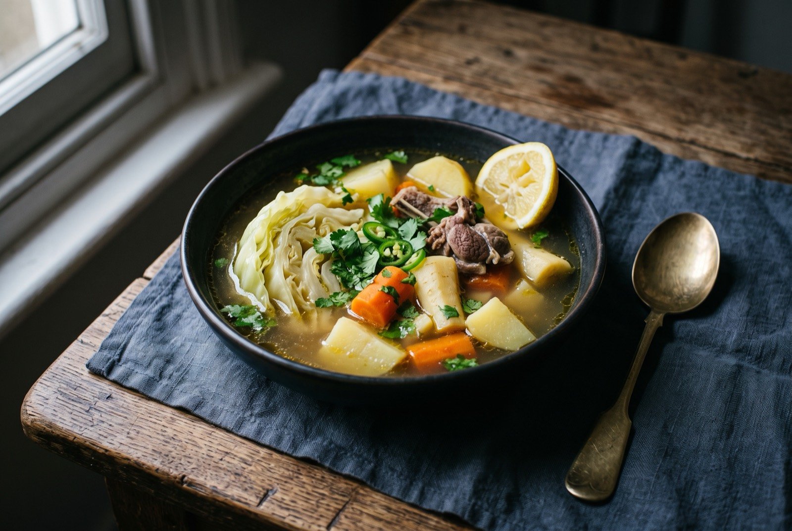 Maraq fah-fah: A clear light broth in a deep bowl, more vegetable than meat: wedges of soft white cabbage, chunks of potato, carrot and parsnip and a few small pieces of lamb.